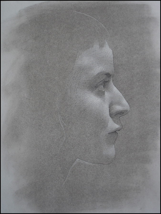 Portrait Study, white and black charcoal on paper, 11x14 inches